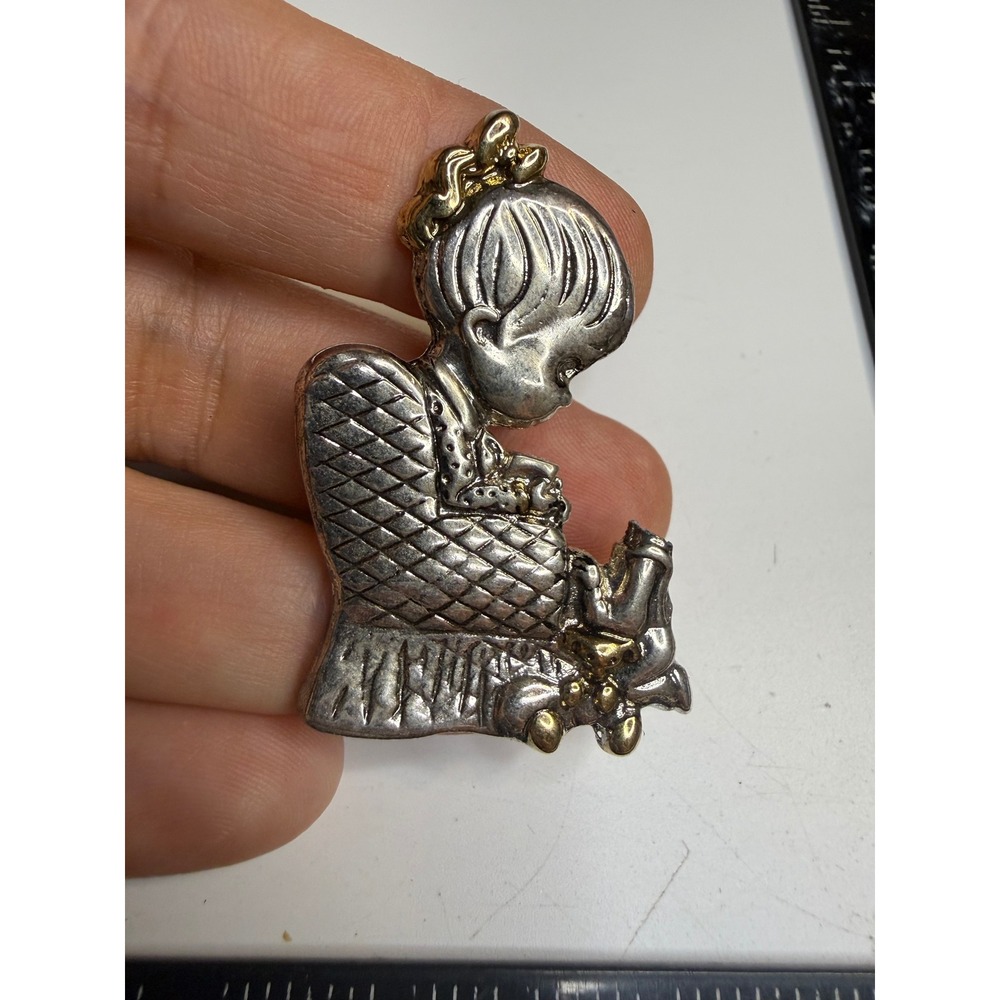 Vintage Precious Moments Girl with Cat Brooch Pendant Two Tone Silver Gold Pin